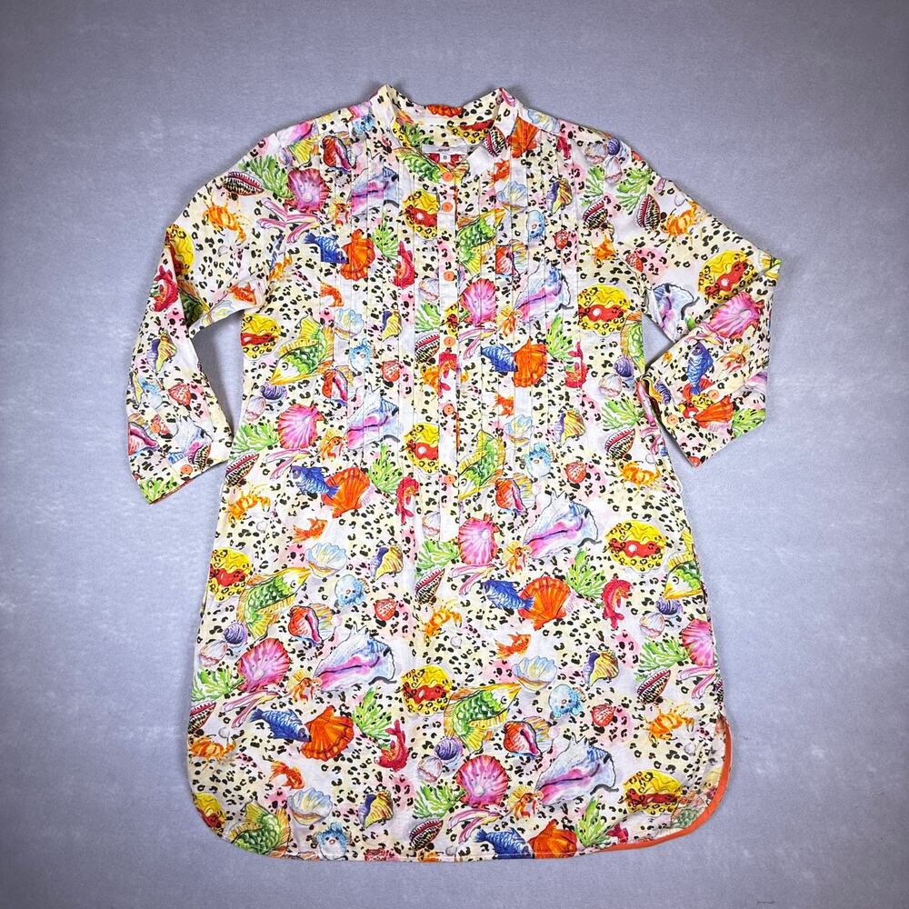 Leggiadro tropical sea life cotton shirt dress - button up 3/4 sleeve beach sz 8